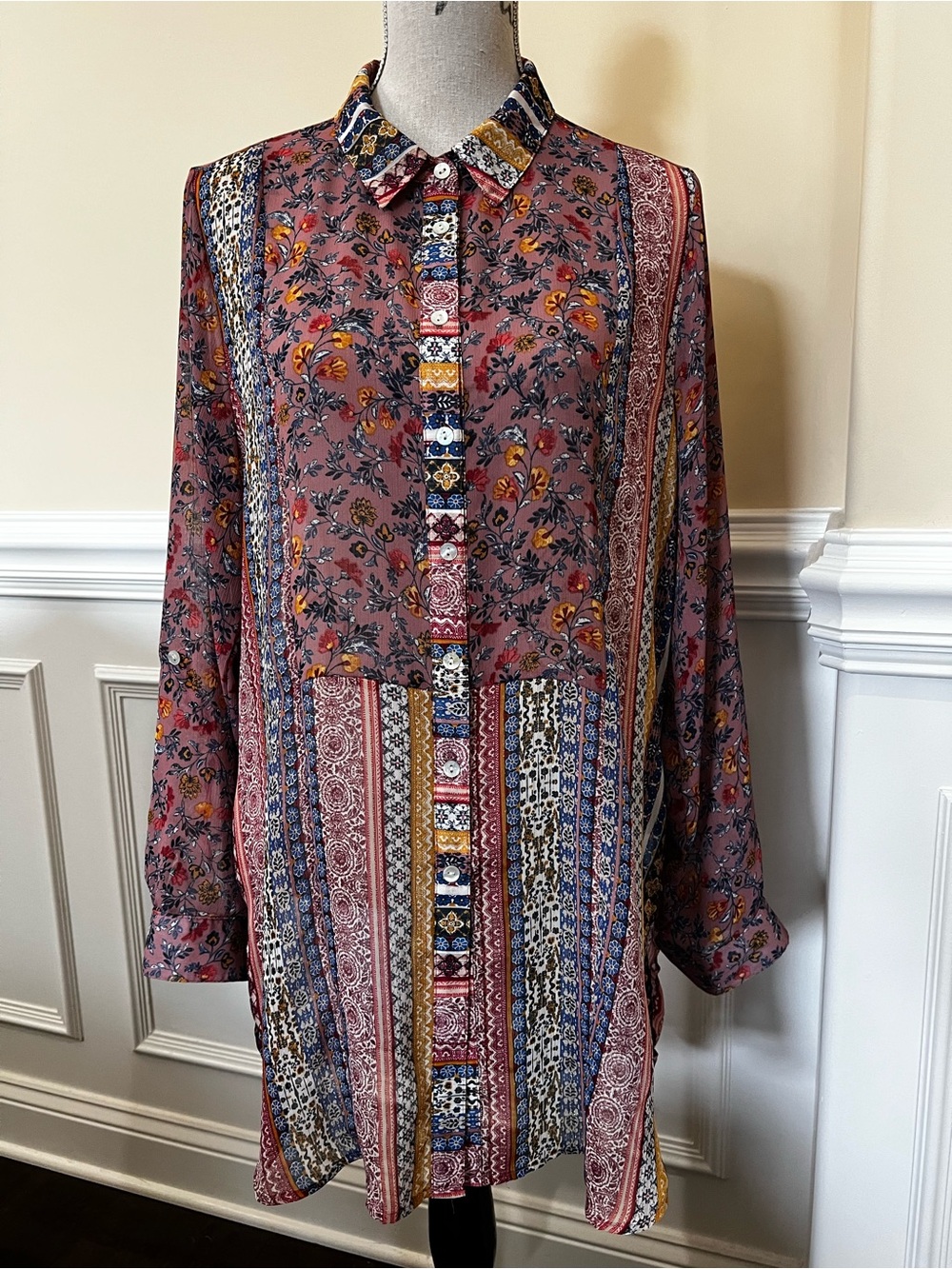 Floral-Paisley Patchwork Mauve/Blue Multi-Print Button-Up Boho Tunic Dress.